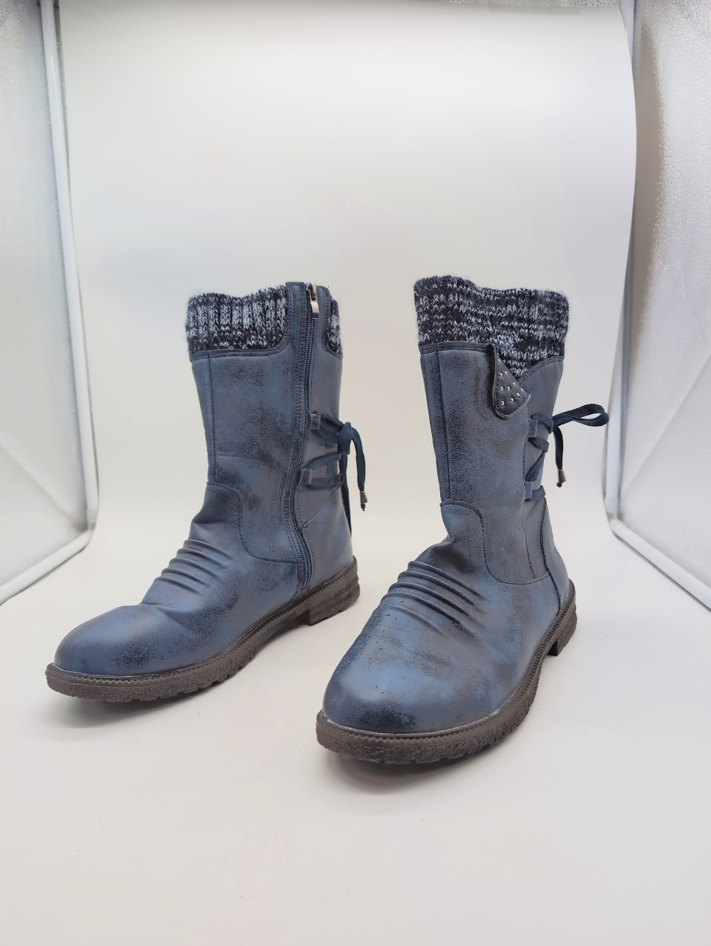 Women's Sz 10 Blue Knit-Top Mid-Calf Snow Boots